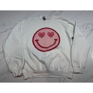 Gildan Smiley Face Sweatshirt Be Mine Hearts White Crewneck Size Medium